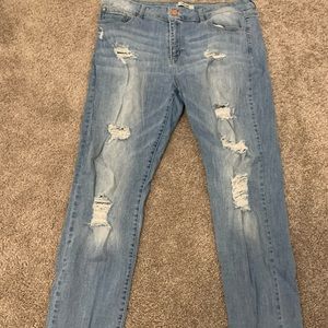 Distressed, light wash jeans by Refuge.